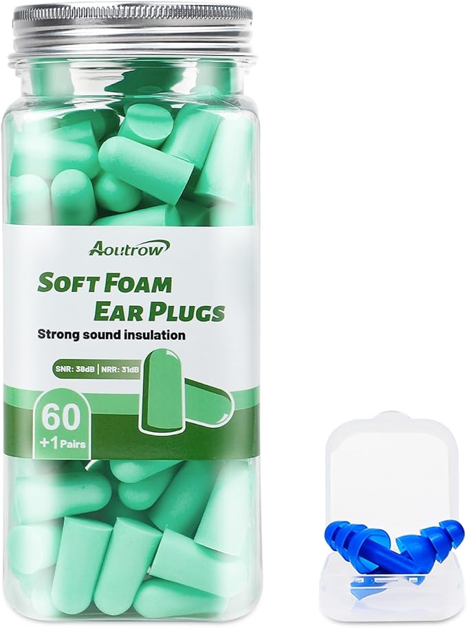 Aoutrow 60 Pairs Soft Foam Ear Plugs, 38dB SNR Slow Rebound Ear Plugs for Sleeping Noise Cancelling, Noise Reduction, Work, Swimming, Shooting, Studying, Green
