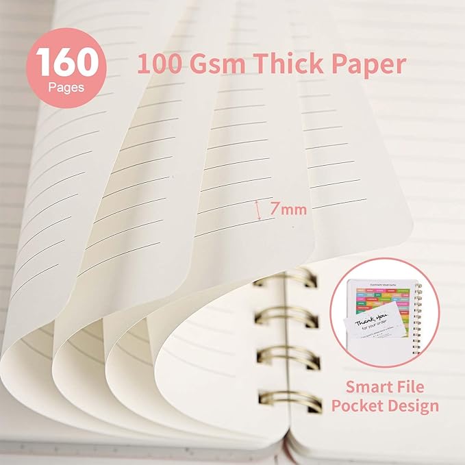 Spiral Notebook-5.75" x 8.125" College Ruled Journal with Inner Pockets and 160 Pages,PU Leather Cover Business Journal, Twin-Wire Binding Notebook Perfect for Office & Home School Supplies Light Pink