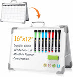Magnetic Dry Erase Board with Calendar - Small Double Sided Whiteboard on Desktop with Monthly Schedule Planner, Portable Folding White Board on Table Top for Drawing, Teacher Students Classroom