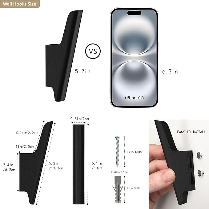 FCOWK Wood Wall Hooks 4 Pack Coat Hooks Wall Mount Black Wooden Hooks for Hanging Hat, Bag, Backpack, Rustic Coat Hooks for Wall, Wood Towel Hooks for Bathrooms and Entryway Hooks (Black)