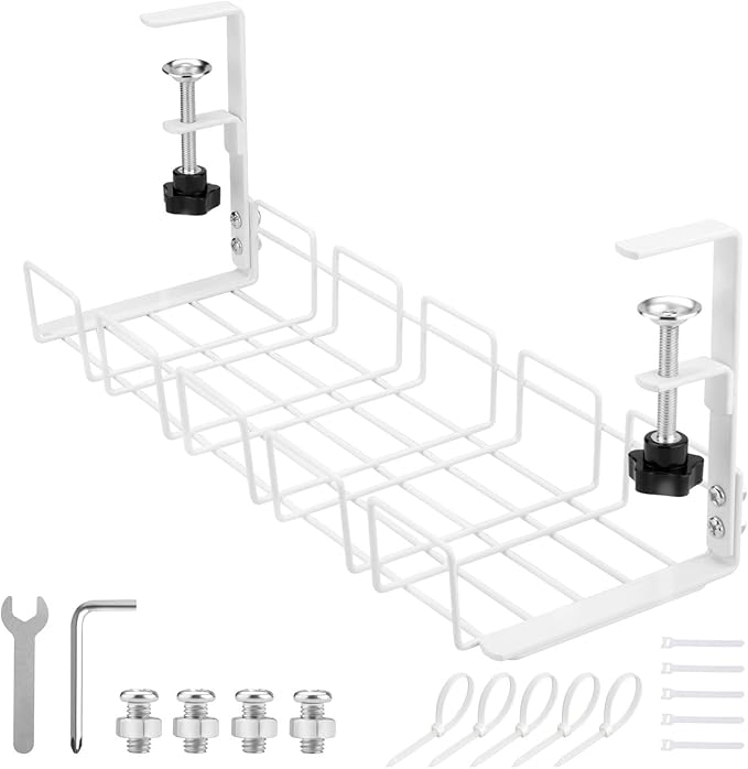 JETONN Under Desk Cable Management Tray, 15.7'' Metal Wire Organizer with Clamp, No Drill Desk Cord Rack for Cable Management, Computer Wire Organizer for Office and Home, Sturdy & Scratch-Free