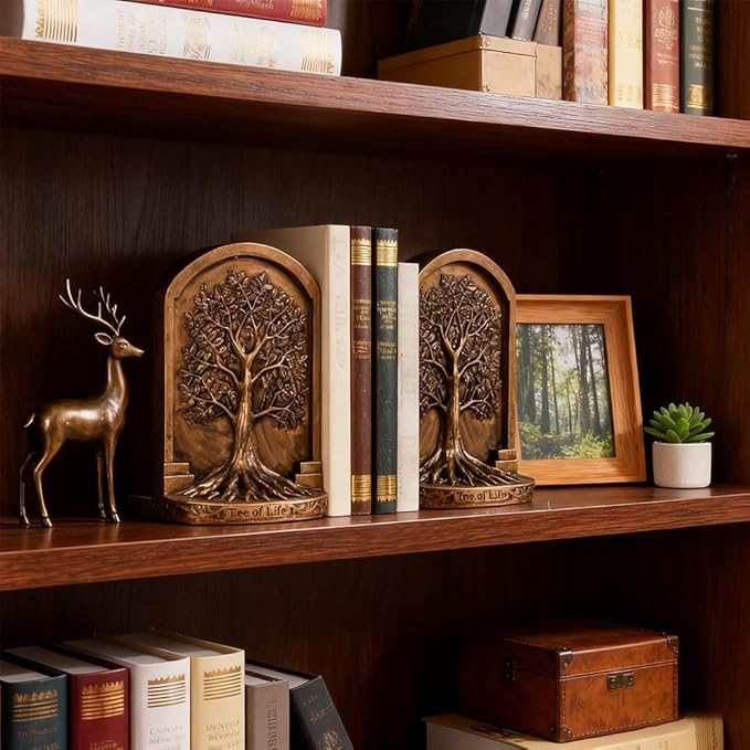 Large Vintage Tree of Life Bookends Set – 2 Non-Skid Heavy Bookends, Antique Bronze Finish Resin Decorative Bookends for Heavy Books, Office, Library, Bookshelf, Living Room, Housewarming Gift