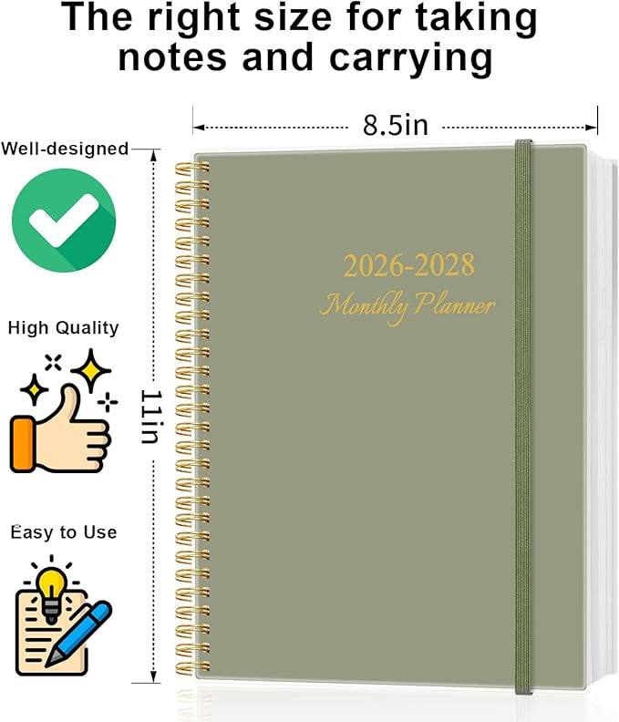 2026-2028 Monthly Planner, Three Years Calendar from January 2026 - December 2028 with Spiral Binding, Inner Pocket, Elastic Closure, 38 Month Planner for Home | School | Office, 8.5" x 11", Green