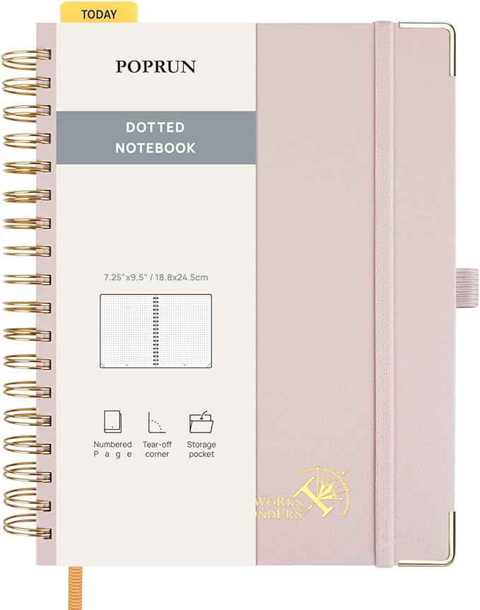 POPRUN Spiral Bullet Dotted Journal Notebook, 7-1/4" x 9-1/2" - 120 GSM Thick Paper, 220 Numbered Pages, Hardcover for Men & Women with Pocket, Index Tabs, 8 Perforated Sheets, Light Pink