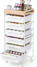 Rolling Storage Utility Cart With 6 Drawers,Art Supply Craft Organizer,Sewing Makeup Organizer And Storage,Office Organization Wooden Tabletop,White