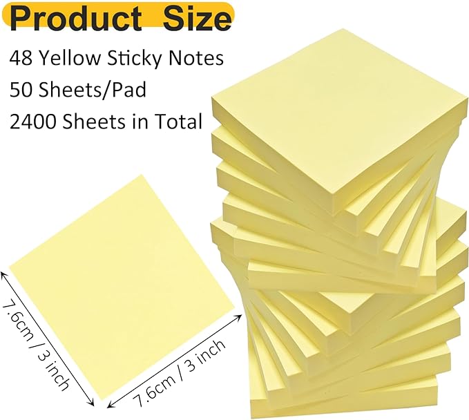 48 Pack 2400 Sheets Sticky Notes 3x3, 8 Colors Sticky Note Pads, Colored Sticky Notes Bulk Postits Notes for Office, School, and Home Supplies, 50 Sheets/pad