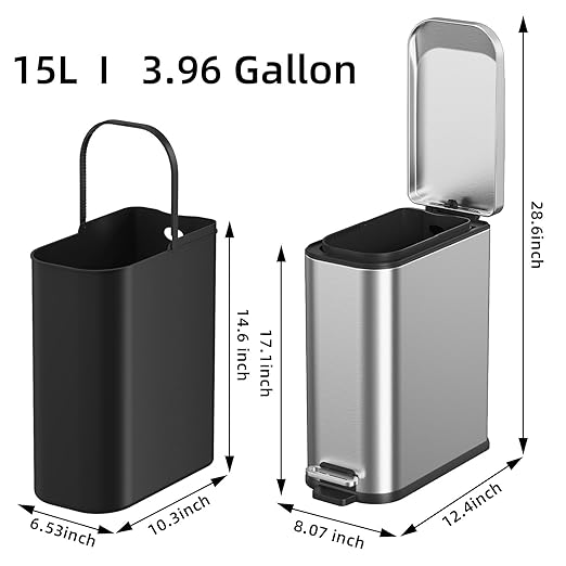 KdbK Bathroom Trash Can with Soft Close Lid, 15L/ 4 GallonRectangular Trash Can with Removable Wastebasket, Step Pedal, Slim Wastebasket for Bedroom, Home Office,Silver