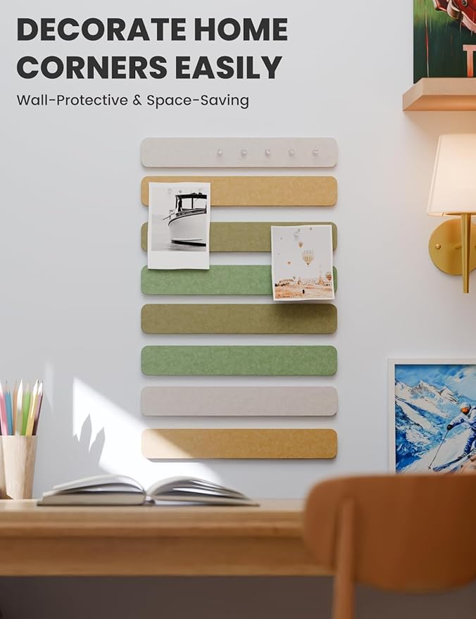 Cork Board Alternative Felt Strip Board 8-Pack 13"x2", Office Pin Board with 50 Push Pins, Adhesive Install for Bedroom Door & Home Office(Olive Grove)