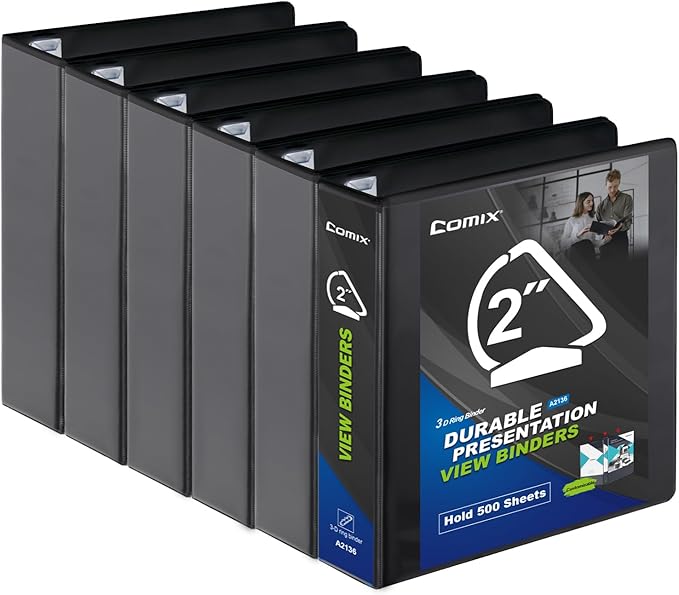 Comix Sturdy 2 Inch D-Ring Binders, 2'' 3 Ring Binder with Clear View Cover, 2.4mm-Thick, Holds 500 Sheets of 8.5" x 11" Paper, 6 Pack (Black)