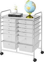 Happygrill 12-Drawer Rolling Storage Cart, Multipurpose Storage Cart W/Lockable Wheels, 2 Sizes Plastic Drawers & Metal Shelf, Mobile Utility Cart for Home Office School