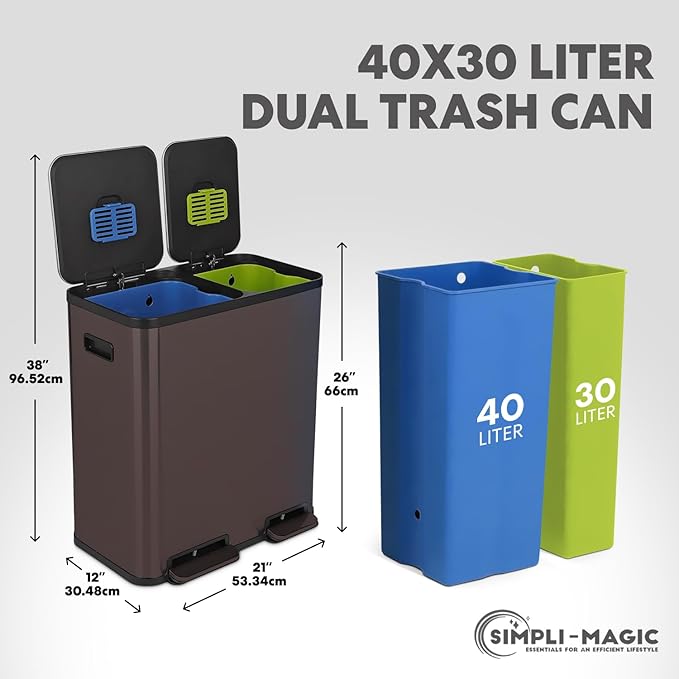 70 Liter / 18.5 Gallon Rectangular Hands-Free Dual Compartment Recycling Kitchen Step Trash Can with Soft-Close Single Lid, Stainless Steel (40L x 30L Capacity), Brown