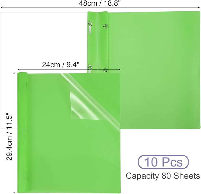 PATIKIL Plastic Report Covers with Prong, 10 Pcs 80 Sheet Clear Front Presentation Binders with 3 Metal Prong Fasteners Report Folder for Resume Documents Files Letter, Grass Green