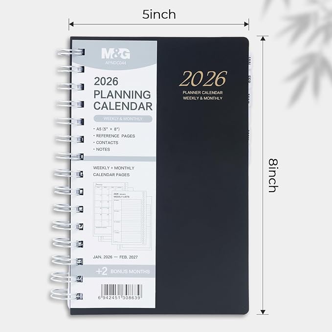 M&G 2026 Planner, Weekly and Monthly Planner Calendar, Jan 2026-Feb 2027 Agenda Book With Monthly Tabs for School Work Home Supplies, A5 8x5