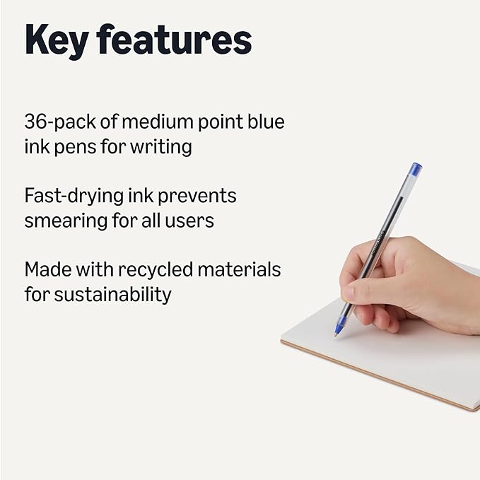 Amazon Basics Ballpoint Pens, 1.0mm, Blue, 36 Pack
