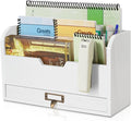 Flexzion 3 Tier Wooden Desk Organizer - Country Rustic Mail Organizer Countertop Compartments Slot File Tray Pencil Sorter Shelf Holder Accessories Set with Storage Drawer for Home Office, Beige Wood