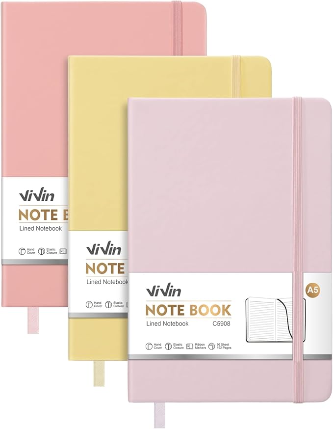 ViVin Lined Journal Notebooks for Work,192 Pages,5.5 x 8.3 inch,College Ruled,A5 Hardcover Journaling Notebooks for Work,3 Pack(Light Pink,Morandi Yellow,Morandi Pink)