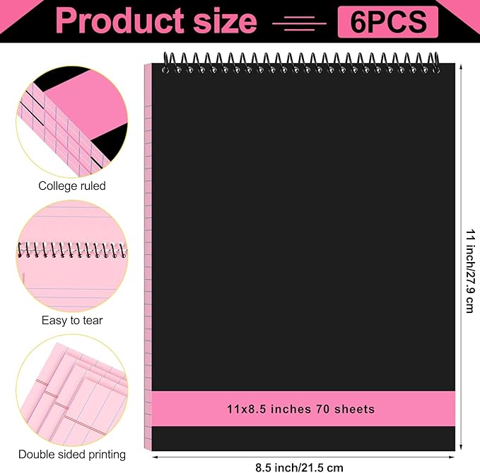 Resurhang 6 Pcs Legal Pad Top Spiral Bound Notebook 70 Sheets Double Sided College Ruled Paper Notepad Memo Steno Pad with Stiff Cover for Business College(8.5 x 11 Inches,No Holes,Pink)