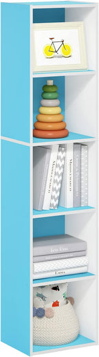 Furinno PASIR Book Shelf, 5-Tier Modern Bookshelf, Open Shelves Bookcase 9 x 12 x 52, for Living Room, Bedroom, Home Office, Light Blue/White