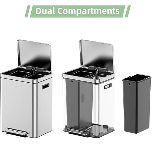 8 Gallon (2 x 15 L) Dual Trash Can, Stainless Steel Garbage Can with Soft-Close Lid for Kitchen, Hands-Free Recycle Bin with 2 Compartment Removable Inner Bucket for Home, Office