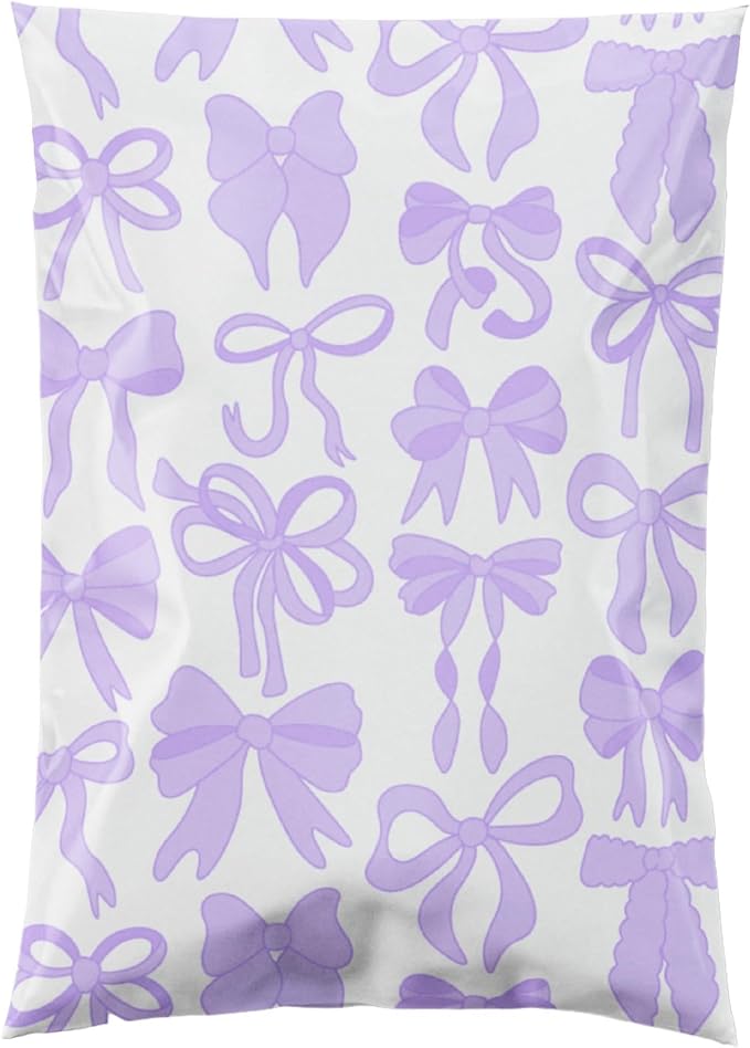 Pretty Package Store 10x13 Designer Poly Mailer 100 Pack Heavy Duty Waterproof Self Seal Shipping Bags for Small Business Large Mailing Envelopes Bulk Tear Resistant Packaging Purple Bows