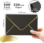 Black 5x7 Envelopes 50 Pcs, Goefun A7 Envelopes for Invitation, V-Flap with Gold Border for Baby Shower, Graduation, Announcements, 5.25 x 7.25 inches