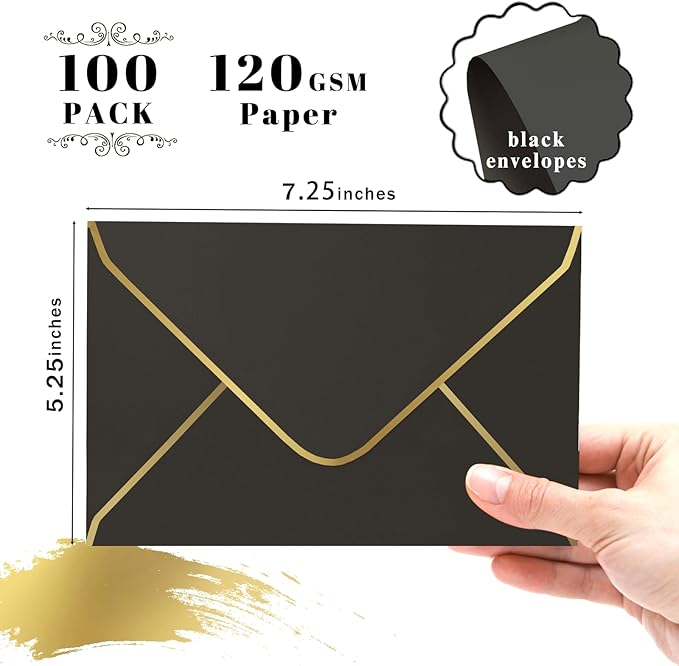 Black 5x7 Envelopes 50 Pcs, Goefun A7 Envelopes for Invitation, V-Flap with Gold Border for Baby Shower, Graduation, Announcements, 5.25 x 7.25 inches