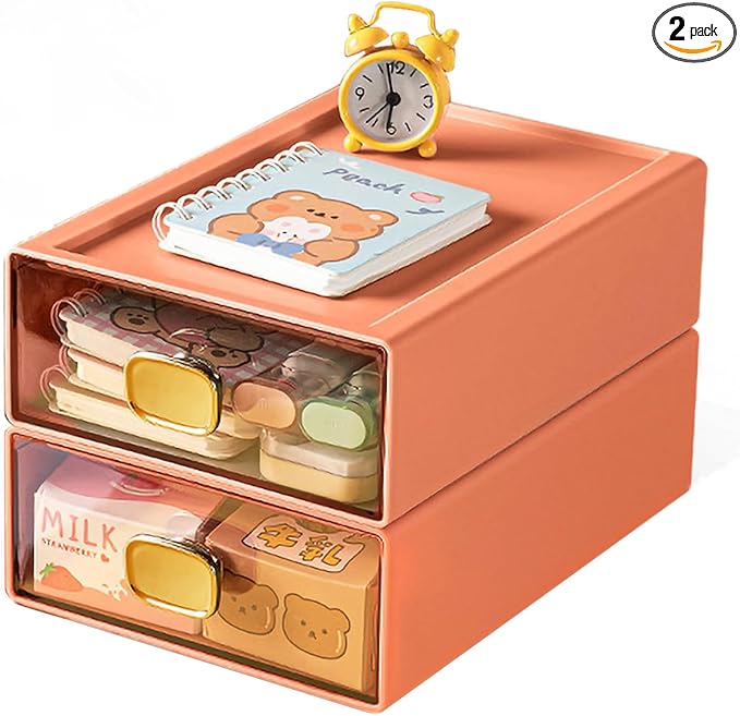 DETEIN 2PACK Stackable Drawer for Desk 6.5"x9"x3" Desktop Storage Organizer with Drawer Plastic Organizer Box Storage Container for Stationery, Makeup, Bathroom (Orange, M - 1 Drawer)