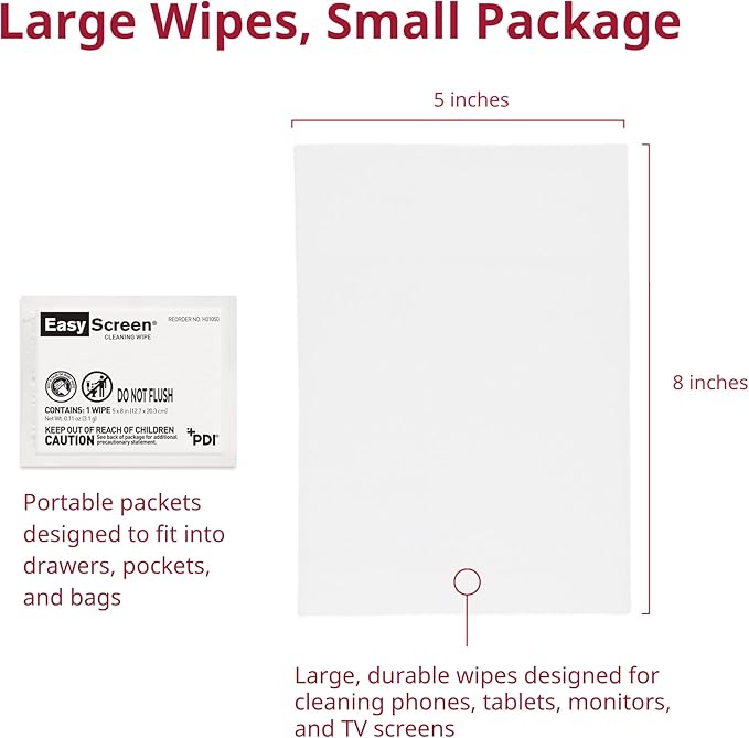 Easy Screen, Premium Screen Cleaning Wipes, Electronics, Touchscreens, and Glasses Cleaner, 50 Individual Packets Per Box, Large 5” x 8” Wipe