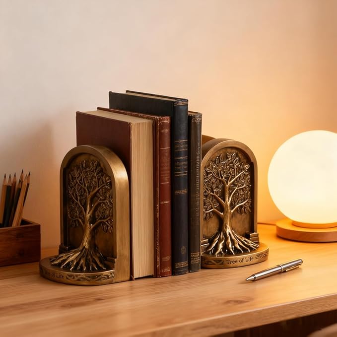 Tree of Life Bookends Set – 6.1" Resin Decorative Bookends, Antique Bronze Finish, Non-Skid Heavy Duty Support for Books, Bookshelf Decor, Office, Library, Housewarming Gift