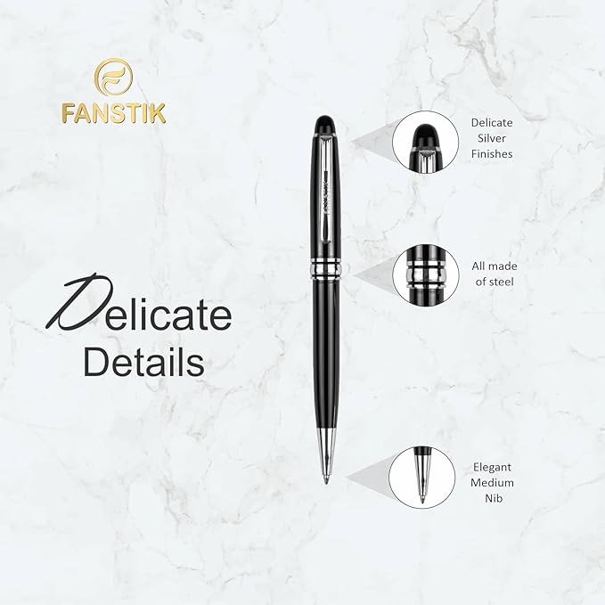 FANSTIK Customized BallPoint pen with name (MADE IN USA), stainless steel, black and silver, luxury engraved pen personalized for men and for women. (BallPoint Black-Silver)