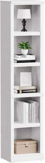 blini 5-Shelf Narrow Bookcase White Wooden Tall Bookshelves Floor Standing Display Storage Shelves Mahogany Bookcase for Home Office, Living Room, Bed Room