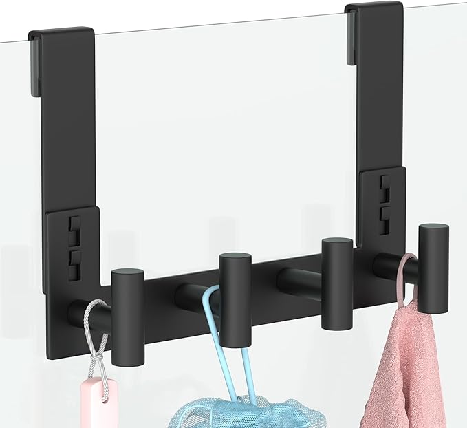 PMMASTO No-Drill Extra Long Shower Hooks, Fits 3/8" Thick Door, Heavy Duty Stainless Steel Towel Hooks for Frameless Glass Shower Door, Holds Bathrobe Towel (Black, 4 T-Hooks)
