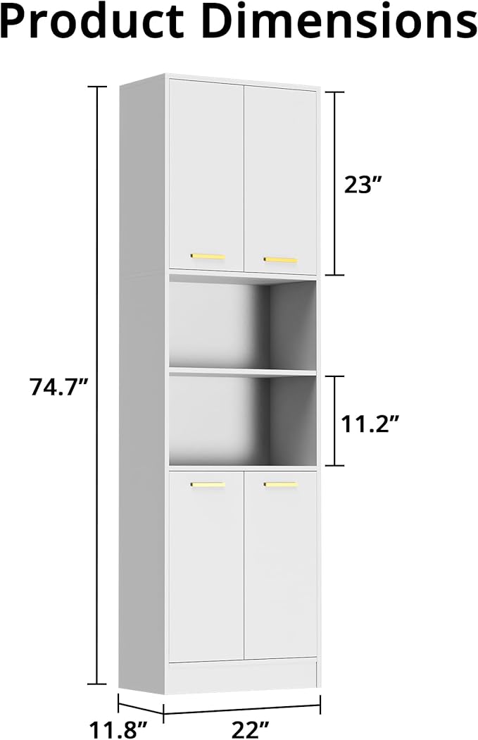 Cozy Castle Kitchen Pantry Cabinet, 75" Tall Wood Storage Cabinet with Doors and Shelves, 4 Doors Open Countertop Utility Hutch Cupboard for Dining Room Living Room Bathroom Furniture, White