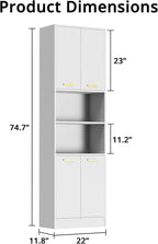 Cozy Castle Kitchen Pantry Cabinet, 75" Tall Wood Storage Cabinet with Doors and Shelves, 4 Doors Open Countertop Utility Hutch Cupboard for Dining Room Living Room Bathroom Furniture, White
