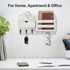 Lwenki Wall Mount Key Holder with Mail Organizer, 100% Paulownia Wood, 7 Metal Hooks, Storage Drawer, Entryway Home Decor (White)