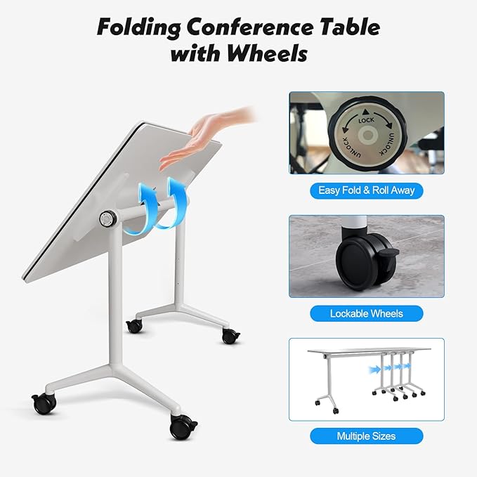 Goakwwuz Conference Room Table, Folding Conference Tables,Thicken Grey Tabletop,Flip Top Wooden Seminar Meeting Room Table for Conference Room Offices (8, White, 55.1”)