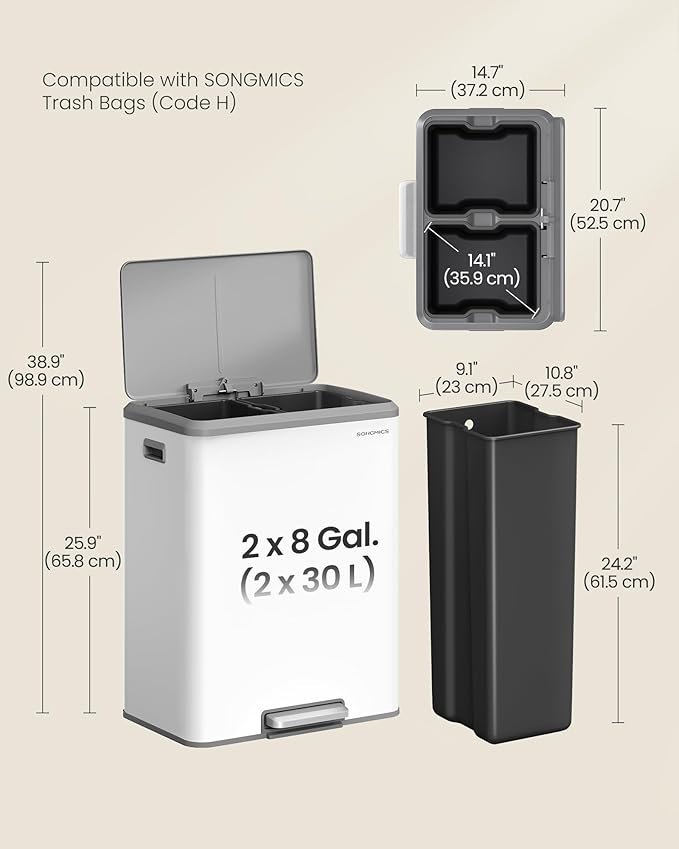 SONGMICS Trash Can, 2 x 8 Gallon (2 x 30 L) Double Garabge Can for Recycling and Waste, Stainless Steel, Soft-Close Lid, Inner Buckets, Wide Sturdy Pedal, Cloud White ULTB556W01
