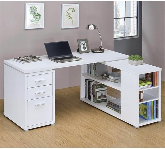 Pemberly Row L Shape Corner Storage Desk in White, Letter/Legal File, 5 Bookshelves