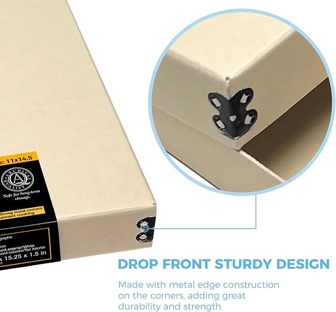 Lineco Museum Archival Storage Box, 11.75x15.25x1.5 in. Drop Front Design. Acid-Free with Metal Edge. Organize Photos, Pictures, Prints, Documents, Crafts, DIY. Tan, 1 Pack