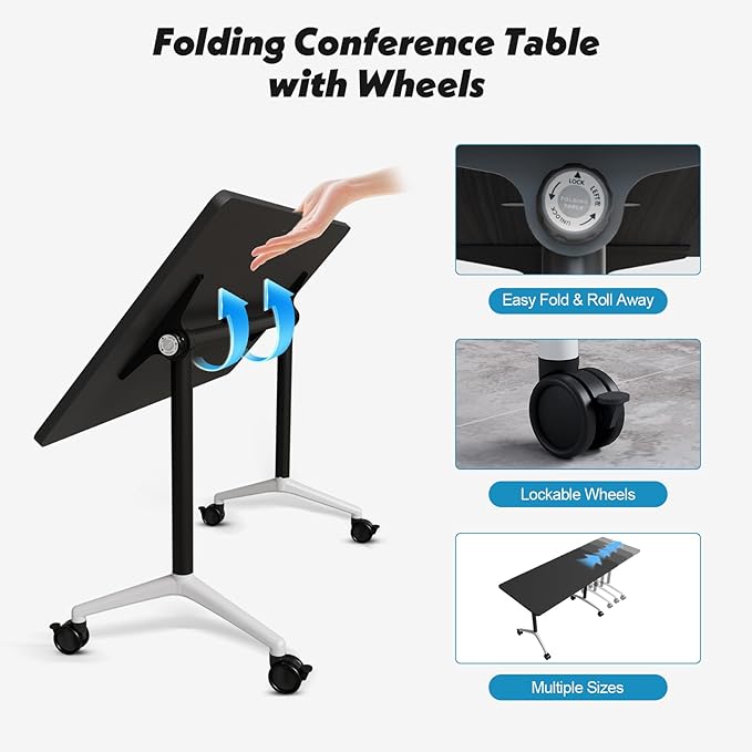 Goakwwuz Conference Room Table, Folding Conference Tables,Thicken Grey Tabletop,Flip Top Wooden Seminar Meeting Room Table for Conference Room Offices (4, Black, 55.1”)