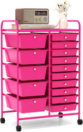 HAPPYGRILL 15-Drawer Rolling Cart, Storage Carts with Removable Drawers & Steel Frame, Utility Cart on Lockable Wheels for Home, School, Office (Hot Pink)