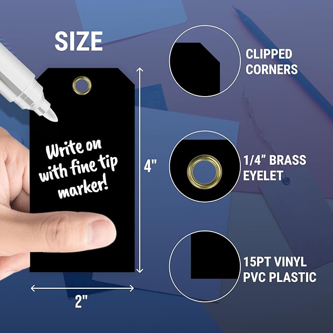 Tags 4 Less 15 Mil Waterproof Plastic Tags, Pack of 100 – 2” x 4” Heavy Duty Plastic Tags for Labeling, Outdoor Tagging, Equipment Labeling, Luggage, Valves & More (Black)