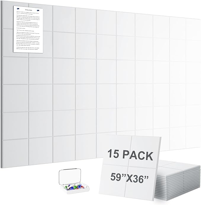 G Gamit Large Felt Wall Tiles Bulletin Board 59”x36”,Large Cork Board Alternative with 60 Pushpins, 15-Pack Felt Pin Board with 112 Safe Removable Adhesive Tabs for Home Office School (White)