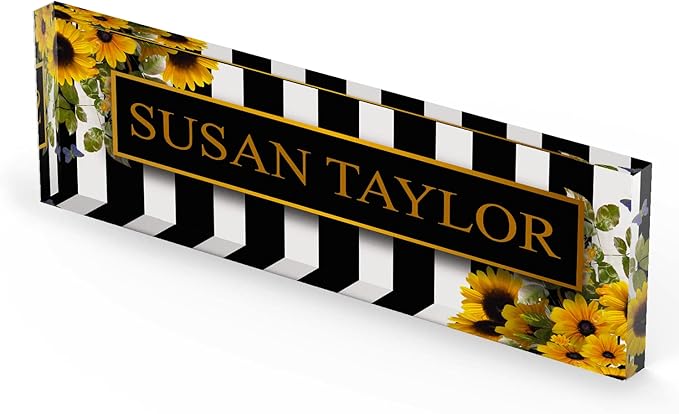 Artblox Office Personalized Name Plate for Desk with Business Card Holder On Clear Acrylic Glass Sunflower Flowers Design Custom Desk Name Plate with Your Name and Credentials Customized Gift