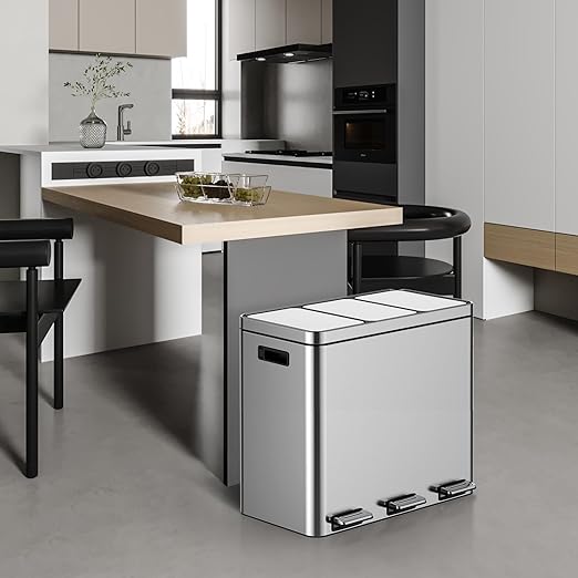 OUTLANE 60L 3-Compartment Stainless Steel Recycling Bin, Step Pedal, Quiet Close, Removable Liners, Fingerprint Resistant, Indoor Waste Bin for Home/Office, 37.6x63x58cm