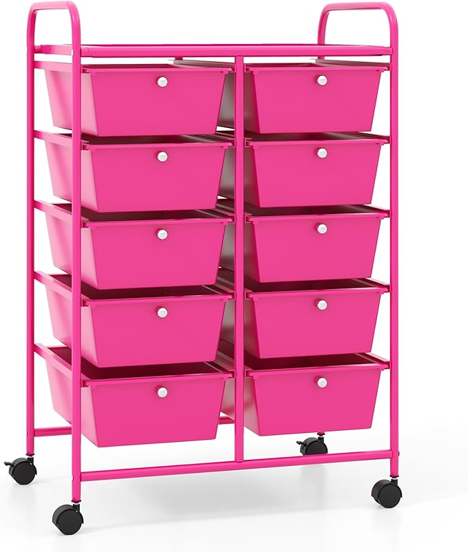 LDAILY 10 Drawer Rolling Cart, Storage Cart Organizer on Wheels, Drawer Cart with Metal Frame & Large Storage Capacity, Rolling Cart with Drawers for Living Room Classroom, Office