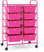 LDAILY 10 Drawer Rolling Cart, Storage Cart Organizer on Wheels, Drawer Cart with Metal Frame & Large Storage Capacity, Rolling Cart with Drawers for Living Room Classroom, Office
