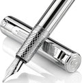 Scriveiner Silver Chrome Fountain Pen (Medium), Award Winning Luxury Pen, Heavy Pocket Pen, Chrome Finish, Schmidt Nib, Converter, Best EDC Writing Pen Gift Set for Men & Women, Nice Office Fancy Pen