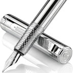 Scriveiner Silver Chrome Fountain Pen (Medium), Award Winning Luxury Pen, Heavy Pocket Pen, Chrome Finish, Schmidt Nib, Converter, Best EDC Writing Pen Gift Set for Men & Women, Nice Office Fancy Pen