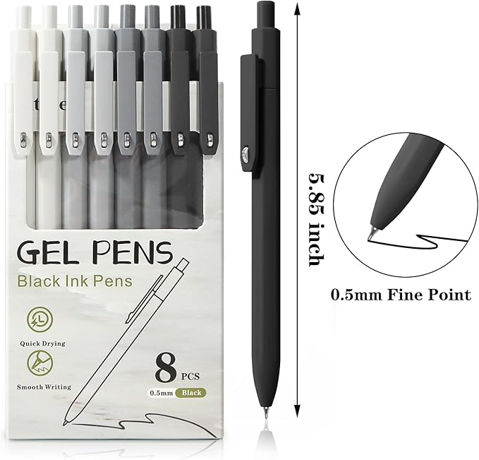 Piochoo Gel Pens, 8Pcs Quick Dry Black Ink Soft Touch Best Pen for Smooth Writing Journaling, Note Taking, School Supplies, Cute Office Pens for Men Nurse Aesthetic